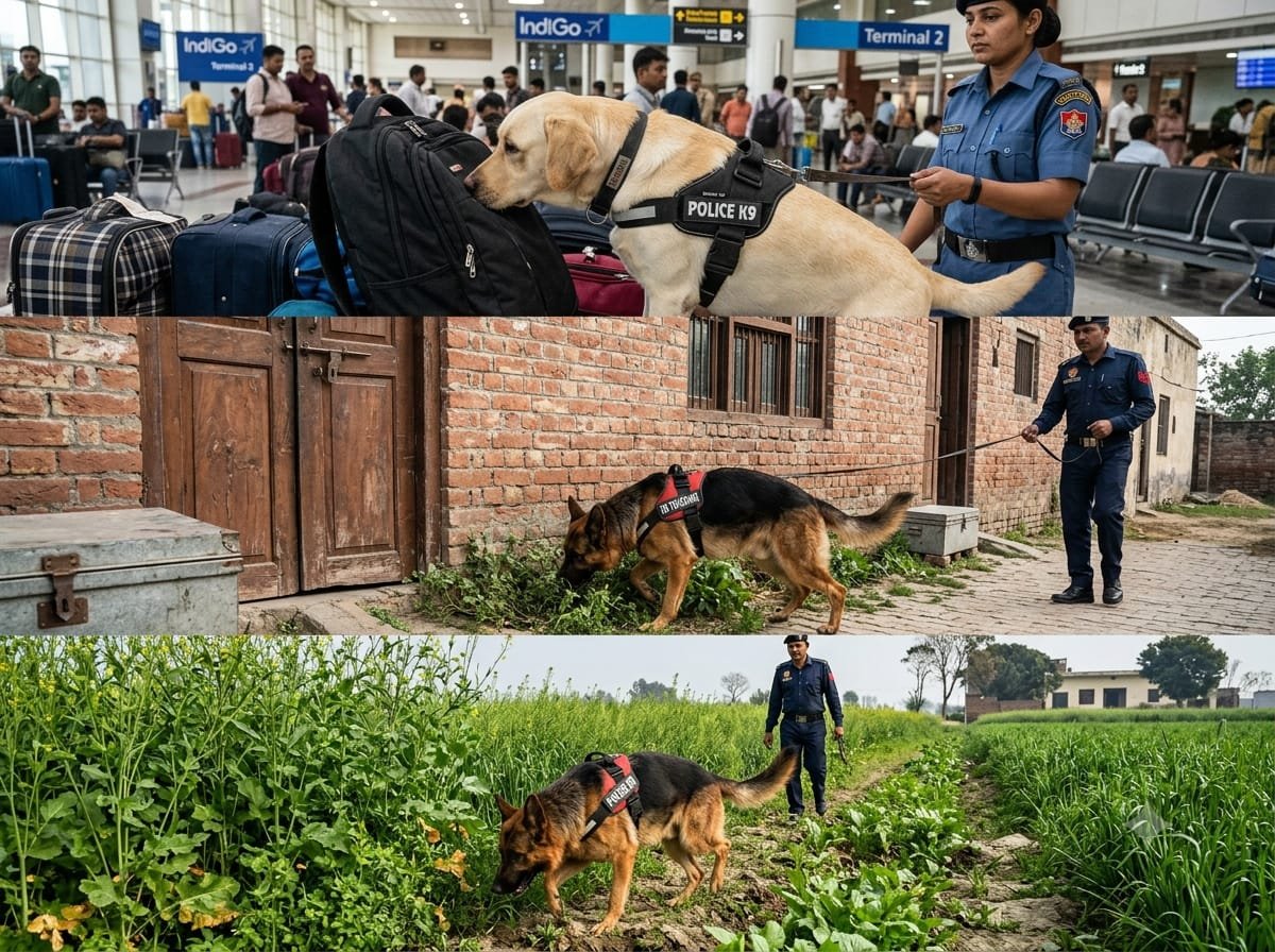 Army Dog Center police K9 dogs on duty at the airport, a rural property search, and a field patrol