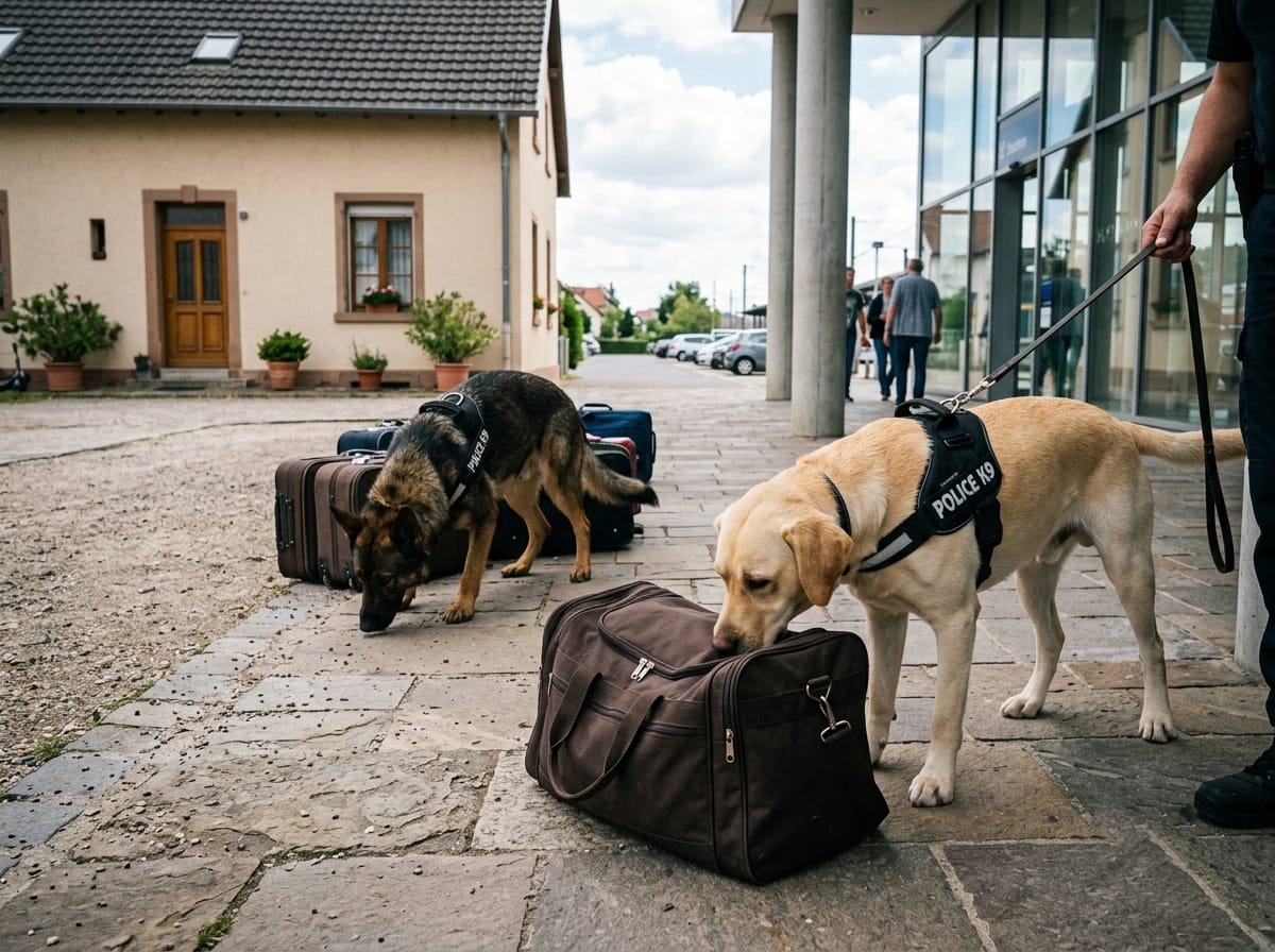 Army Dog Center trained K9 dogs searching luggage alongside their handler