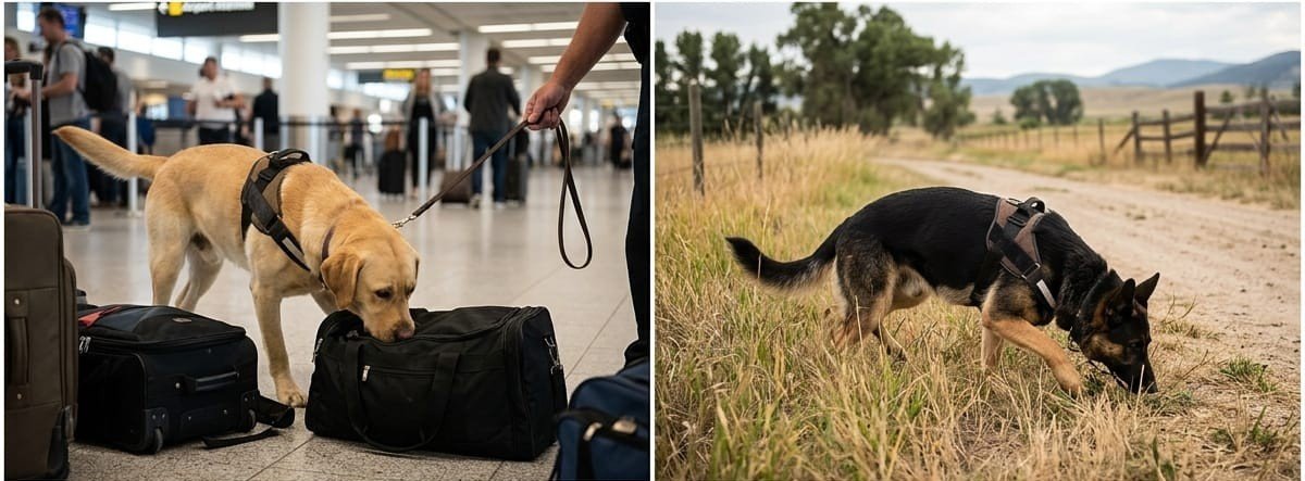 Army Dog Center trained dogs performing airport luggage detection and open-field tracking