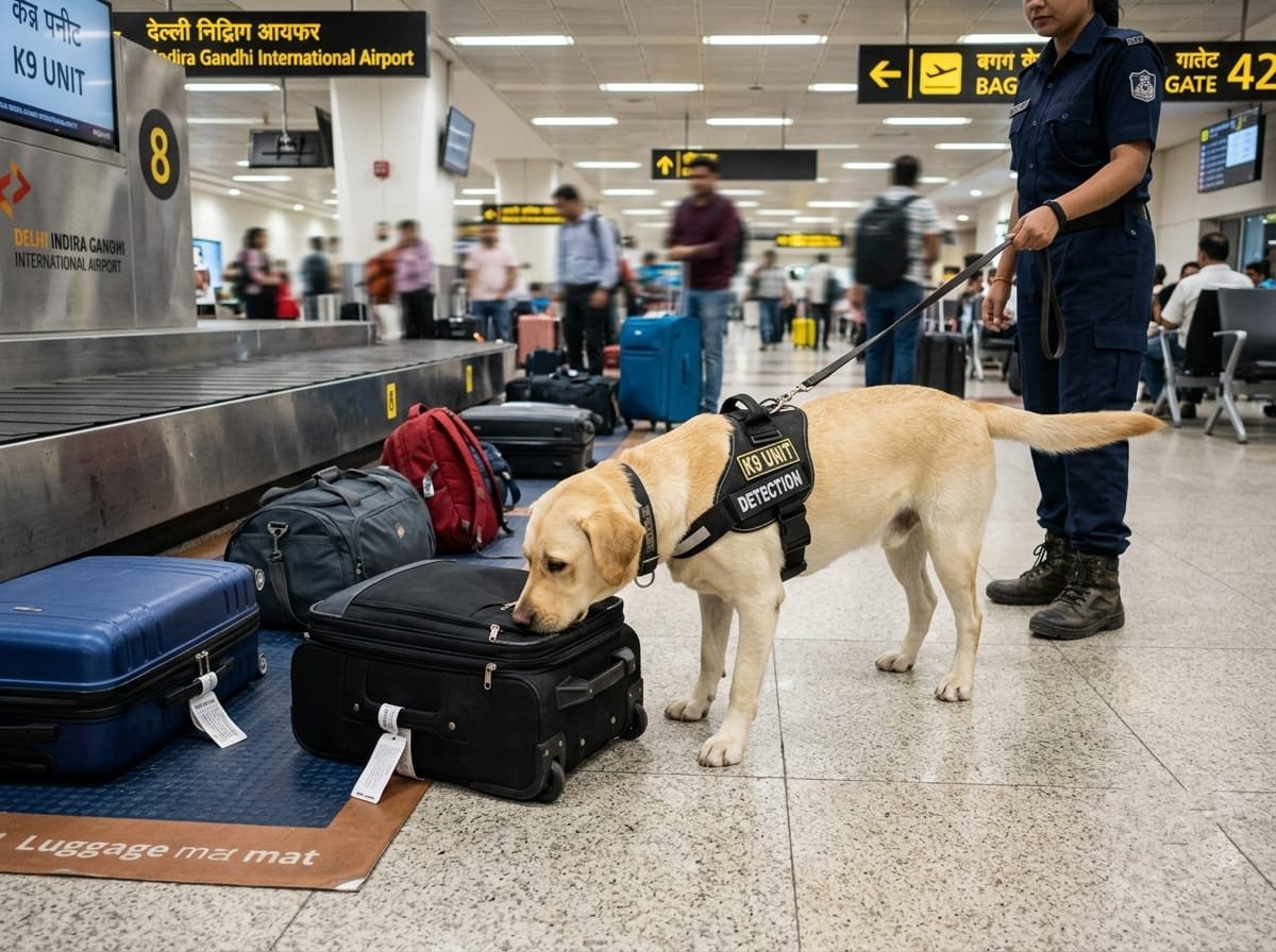 K9 detection dog inspecting luggage at baggage claim, Delhi Indira Gandhi International Airport