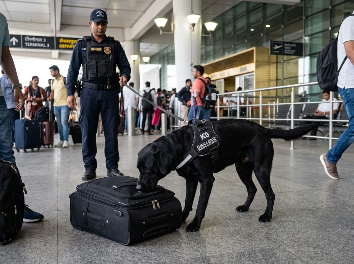 K9 search and rescue dog inspecting a suitcase in the airport terminal with its police handler