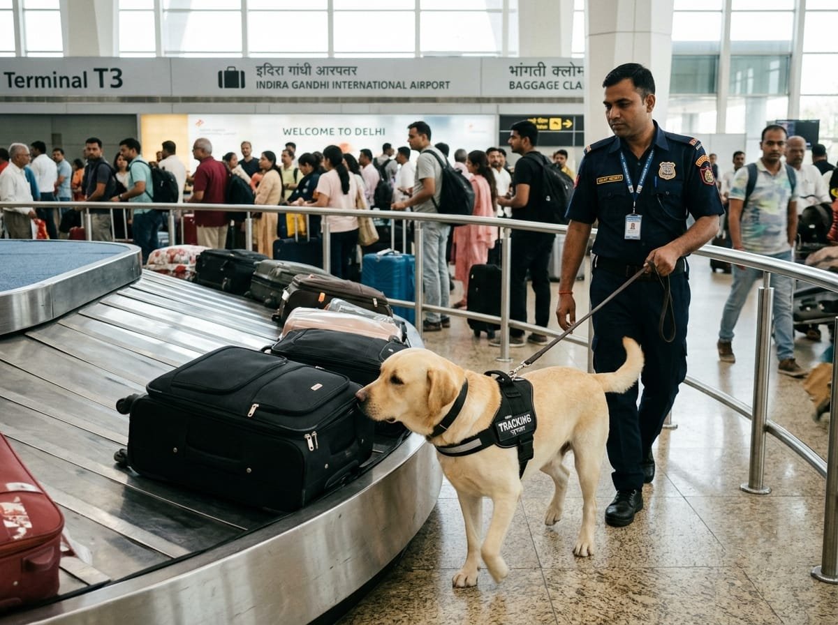 K9 tracking dog inspecting luggage on the baggage carousel with its handler