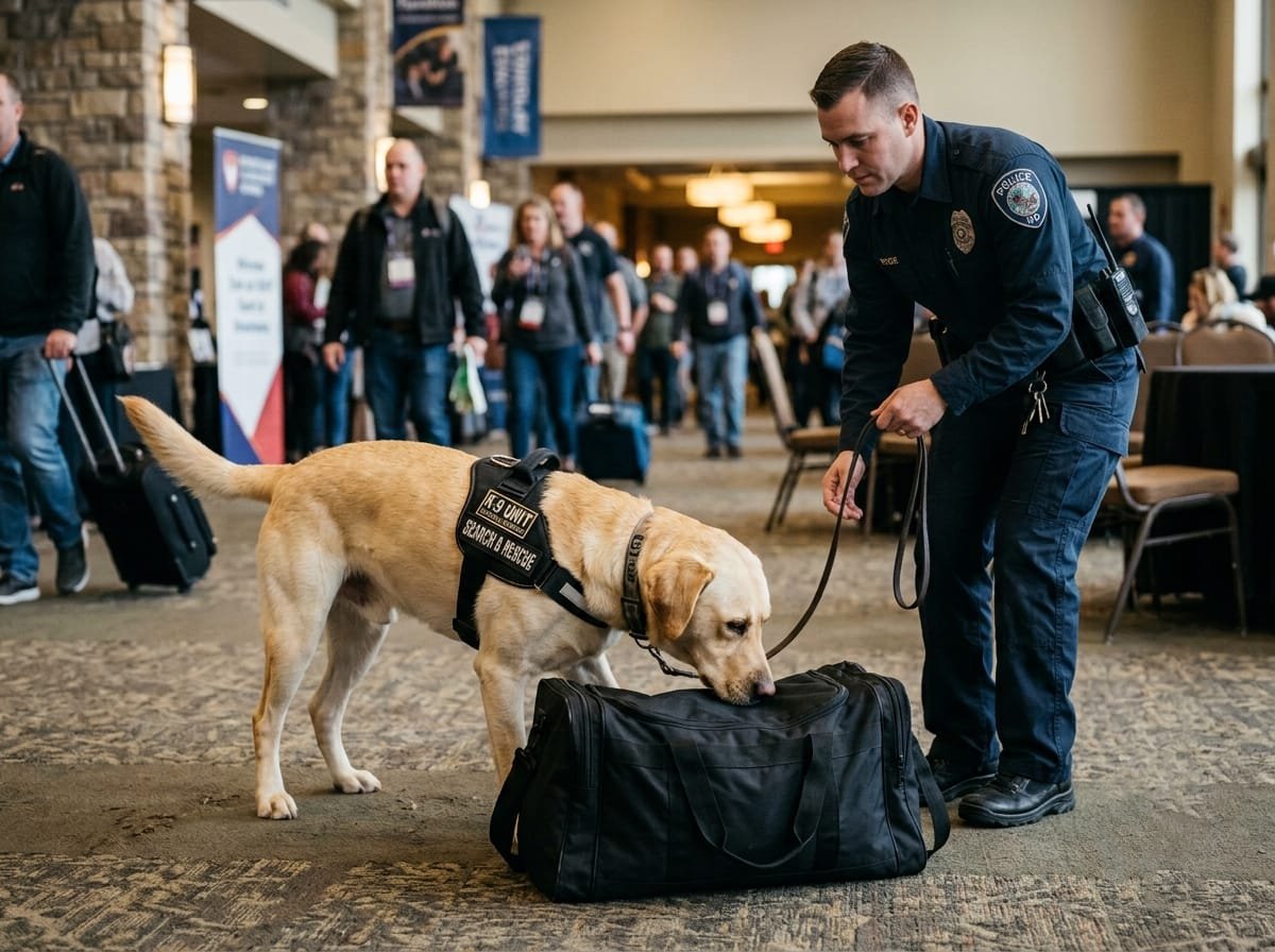 Army Dog Center K9 search and rescue dog inspecting luggage at a conference venue