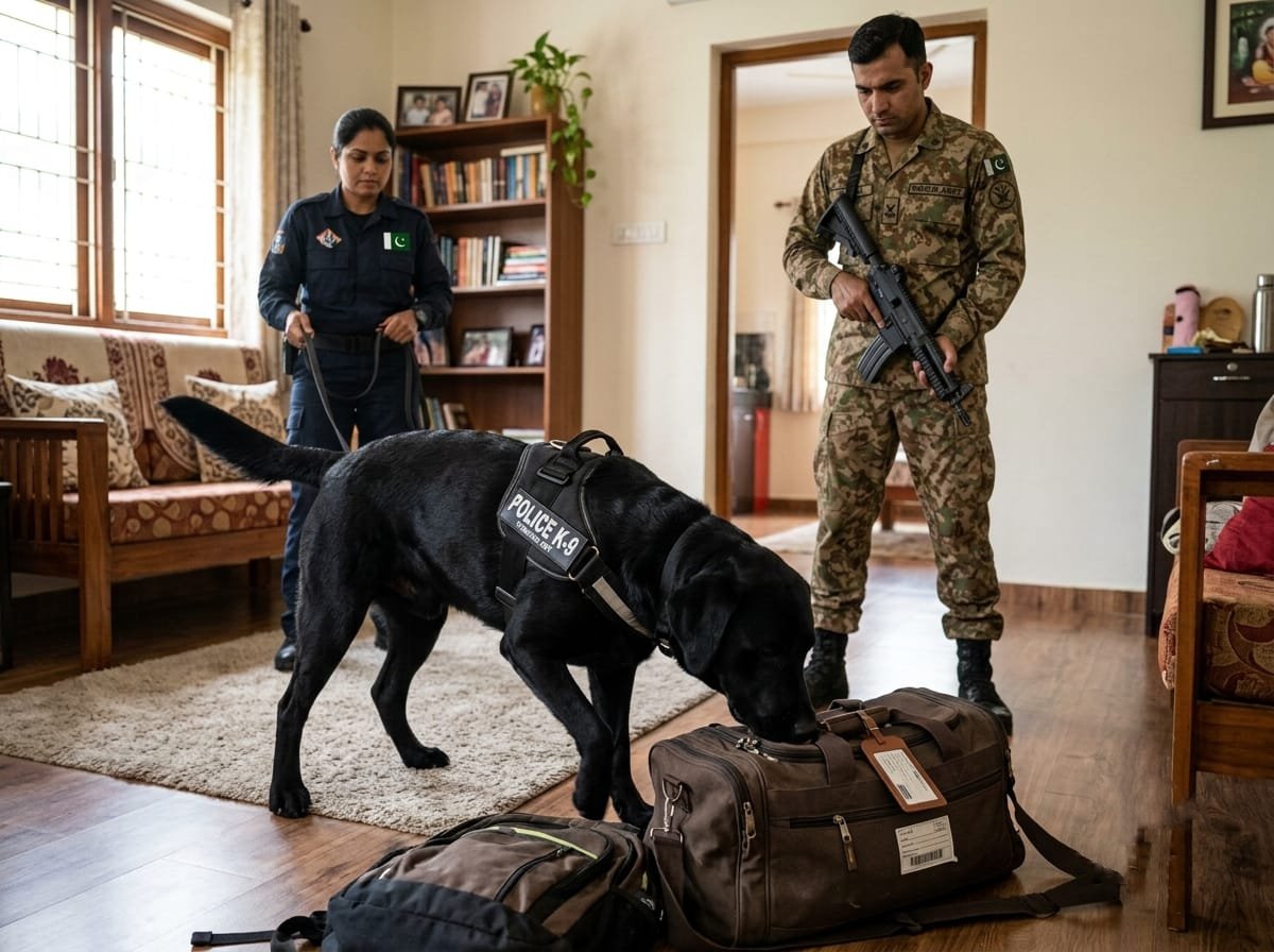 Army K9 handler and police officer searching luggage with a trained dog during a home security check